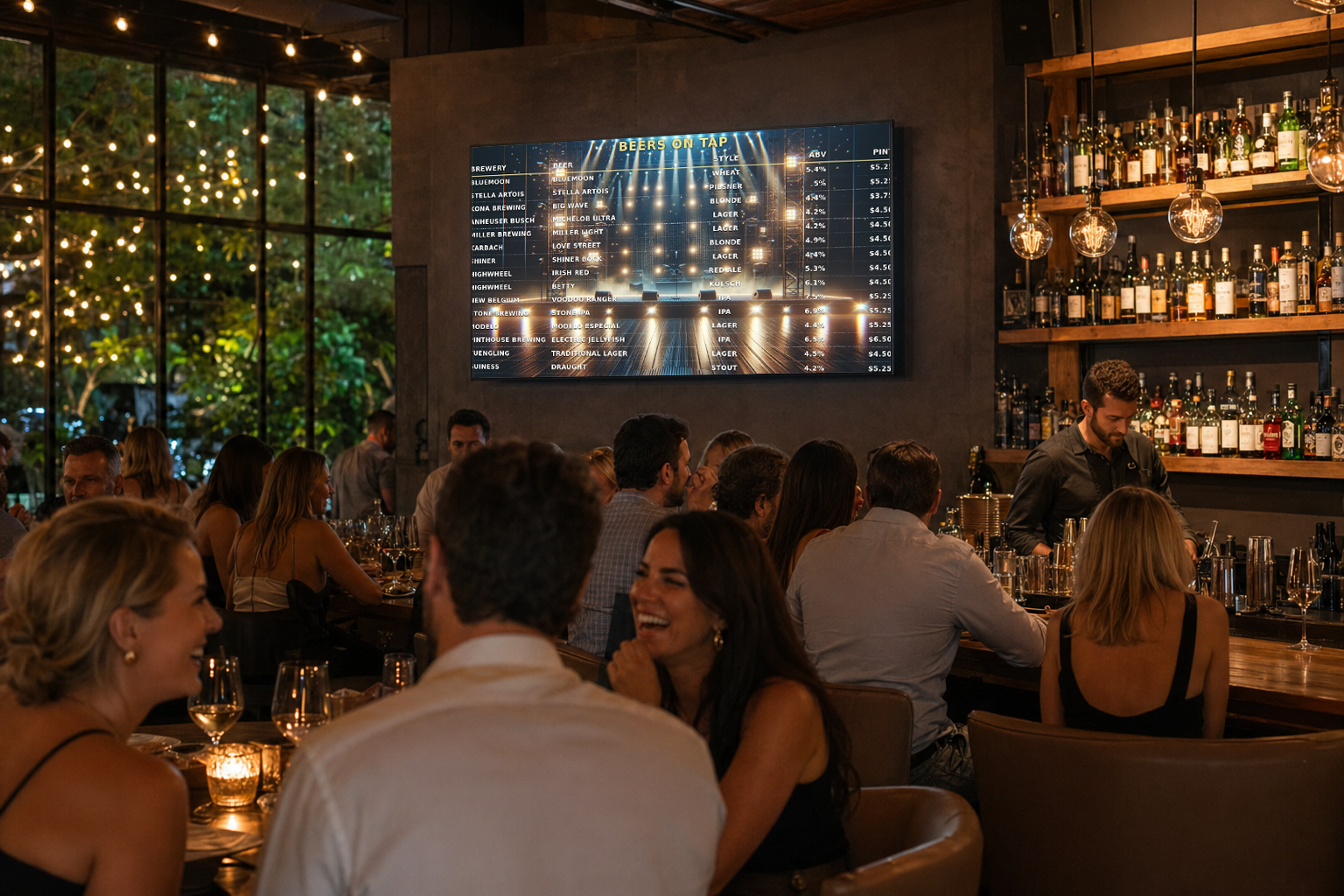 Thriving bar and restaurant with a wall-mounted TV, blank white screen