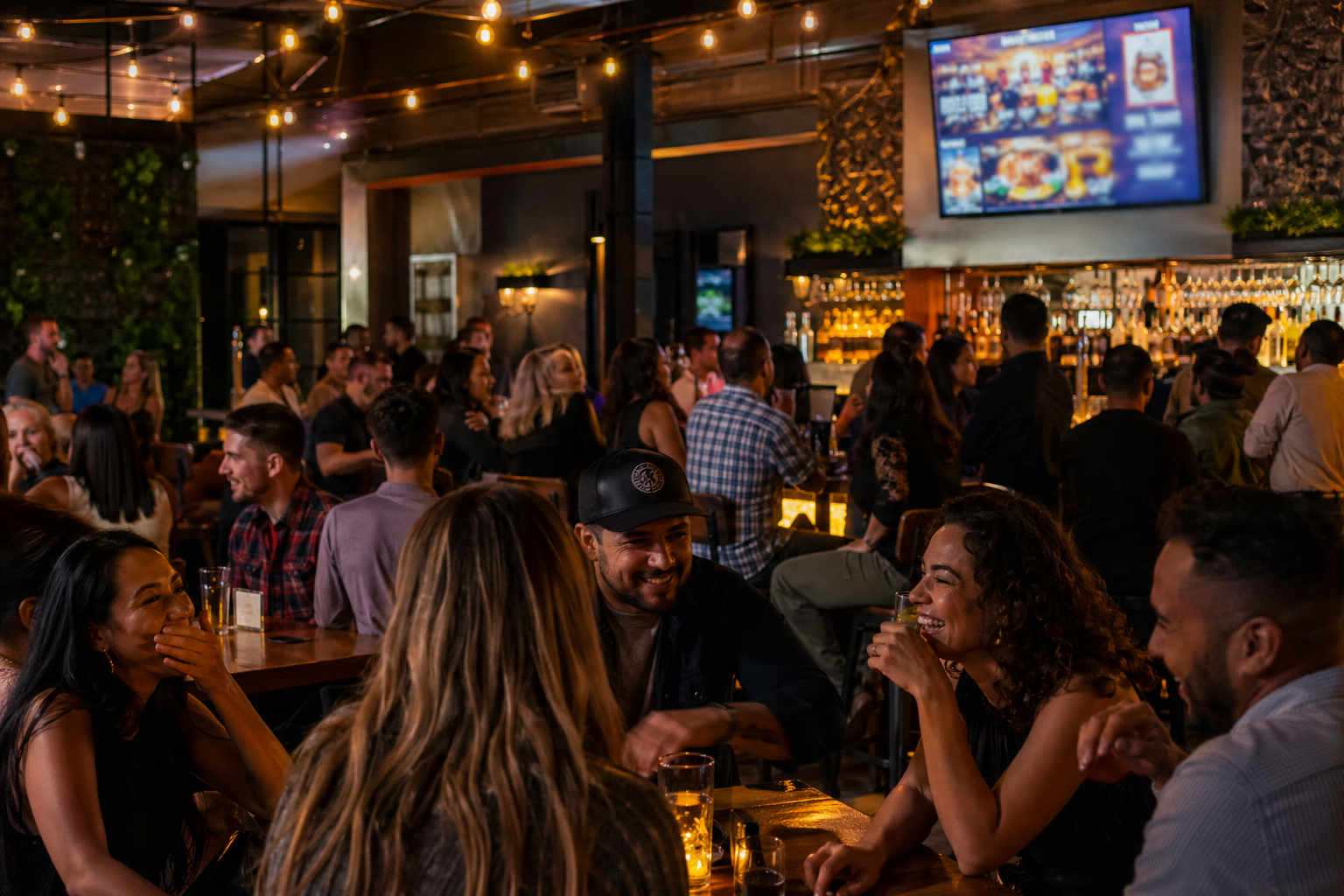 Lively bar and restaurant with guests, wall-mounted TV showing digital menu content