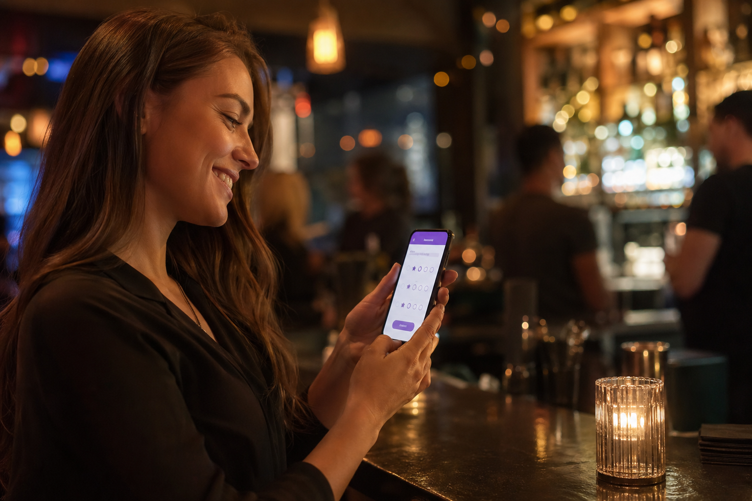 Smiling guest with phone in a warm bar or restaurant