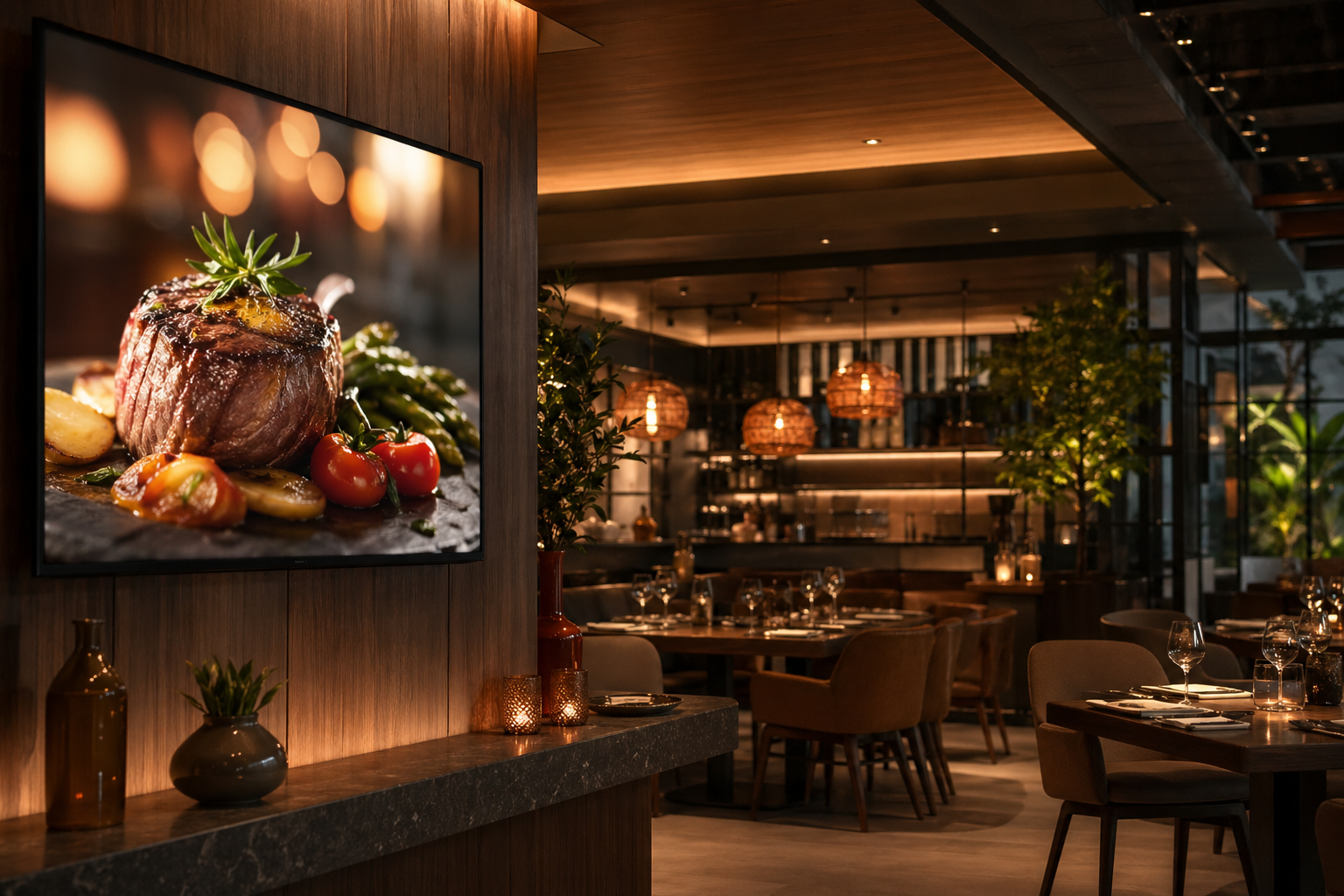 Warm upscale restaurant interior, digital menu screen on the left