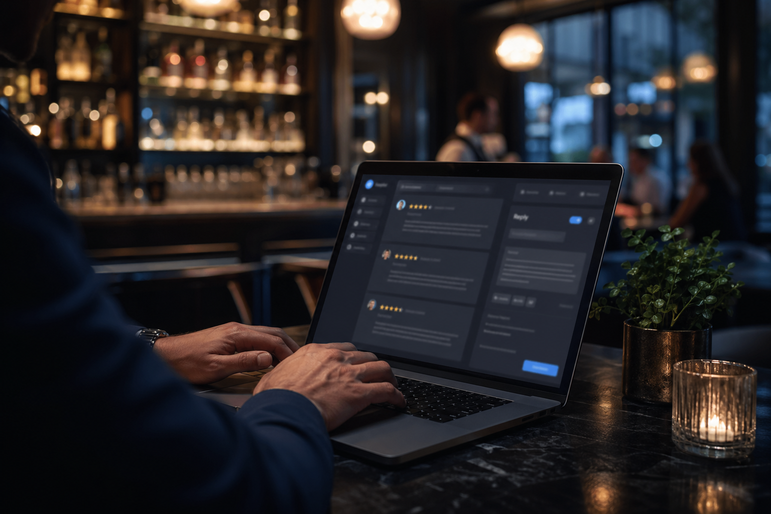 Hospitality staff replying to guest reviews on a laptop in a bar or restaurant setting