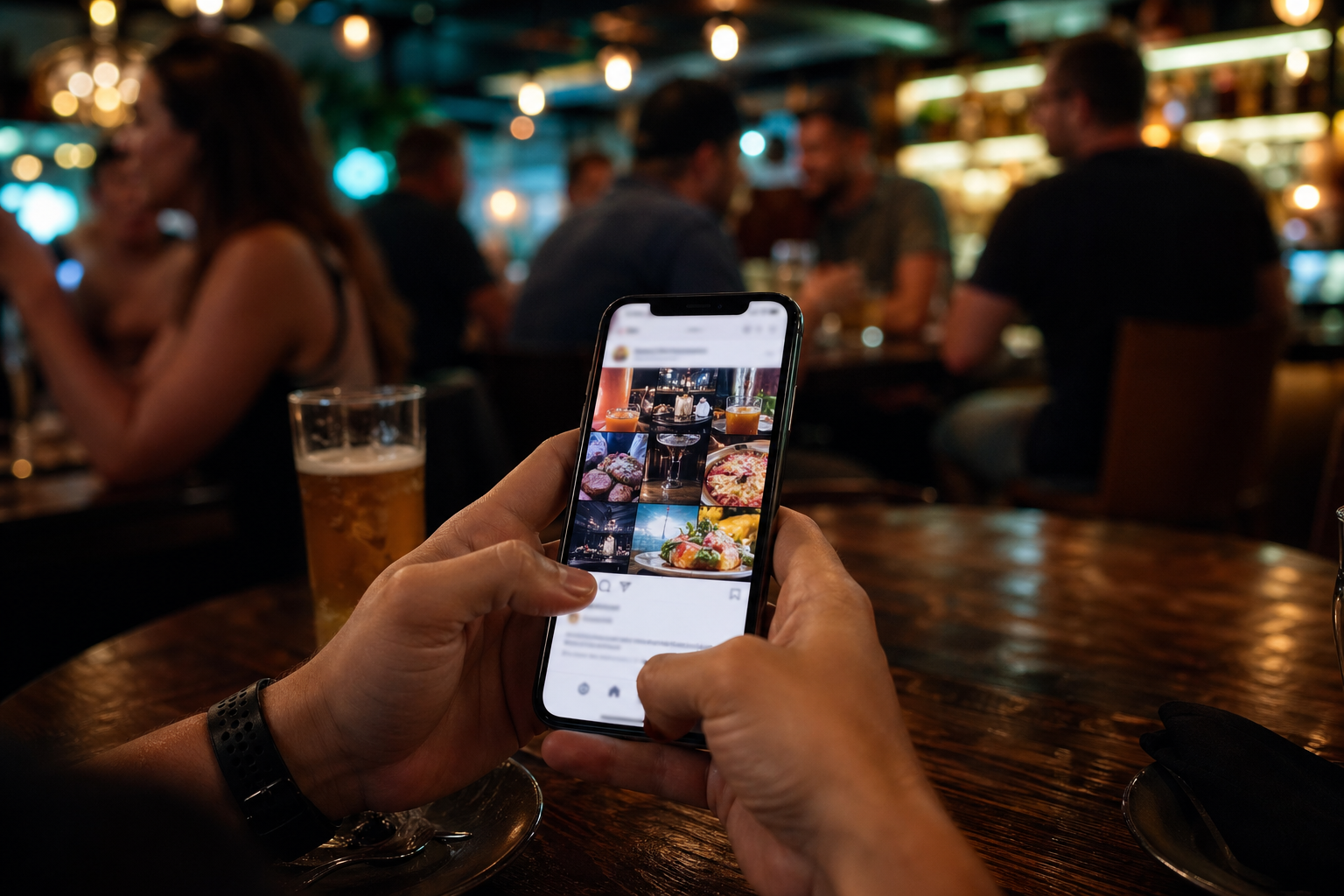 Hand holding a phone in a bar or restaurant, social compose screen and venue atmosphere